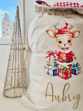 Load image into Gallery viewer, Personalised santa sack // Watercolour Standing Reindeer and presents