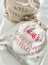 Load image into Gallery viewer, Mini customisable Santa Sack // Christmas pajamas Gift Bag // personalised