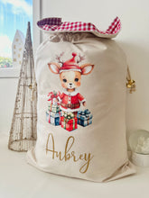 Load image into Gallery viewer, Personalised santa sack // Watercolour Standing Reindeer and presents