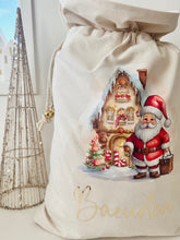 Load image into Gallery viewer, Personalised Santa Sack // Jolly Santa & Gingerbread house // christmas Sack