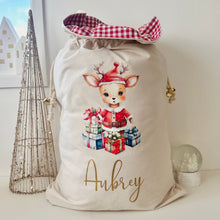 Load image into Gallery viewer, Personalised santa sack // Watercolour Standing Reindeer and presents