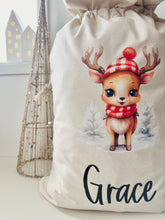 Load image into Gallery viewer, Personalised Santa Sack // Watercolour Sweet reindeer scarf &amp; hat
