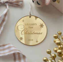 Load image into Gallery viewer, First Christmas engraved mirror Ornament // Personalised
