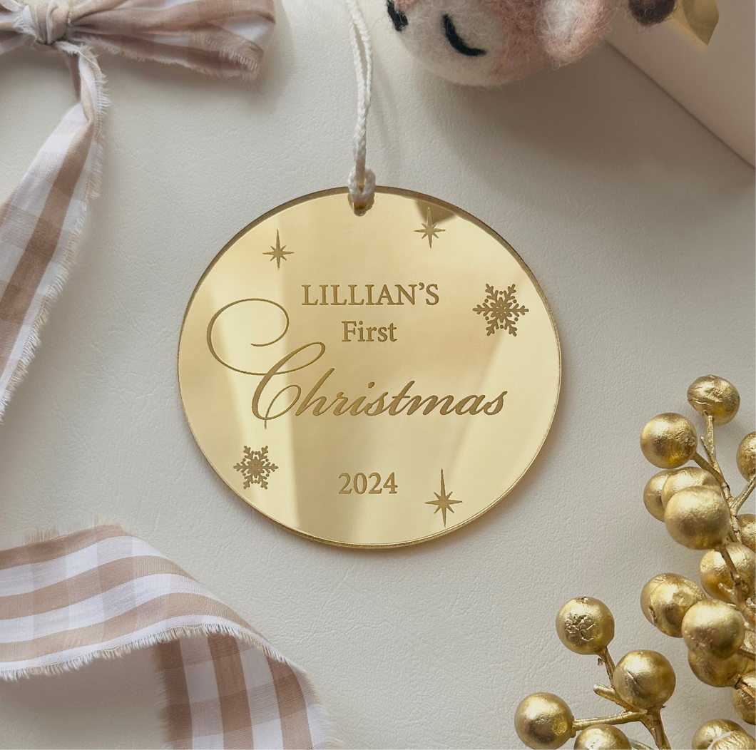 First Christmas engraved mirror Ornament // Personalised