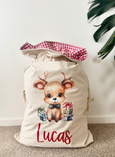 Load image into Gallery viewer, Personalised Santa Sack // Sitting Reindeer and presents
