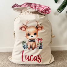 Load image into Gallery viewer, Personalised Santa Sack // Sitting Reindeer and presents
