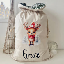 Load image into Gallery viewer, Personalised Santa Sack // Watercolour Sweet reindeer scarf &amp; hat
