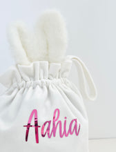 Load image into Gallery viewer, Velvet Easter Hunt Bag with Handle // WHITE Bunny Bag // Personalised
