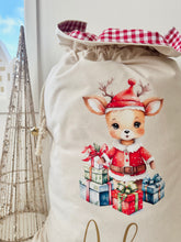 Load image into Gallery viewer, Personalised Santa Sack // Watercolour Standing Reindeer and presents
