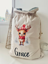 Load image into Gallery viewer, Personalised Santa Sack // Watercolour Sweet reindeer scarf &amp; hat
