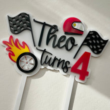 Load image into Gallery viewer, Car racing themed Cake Topper // Personalised birthday Topper
