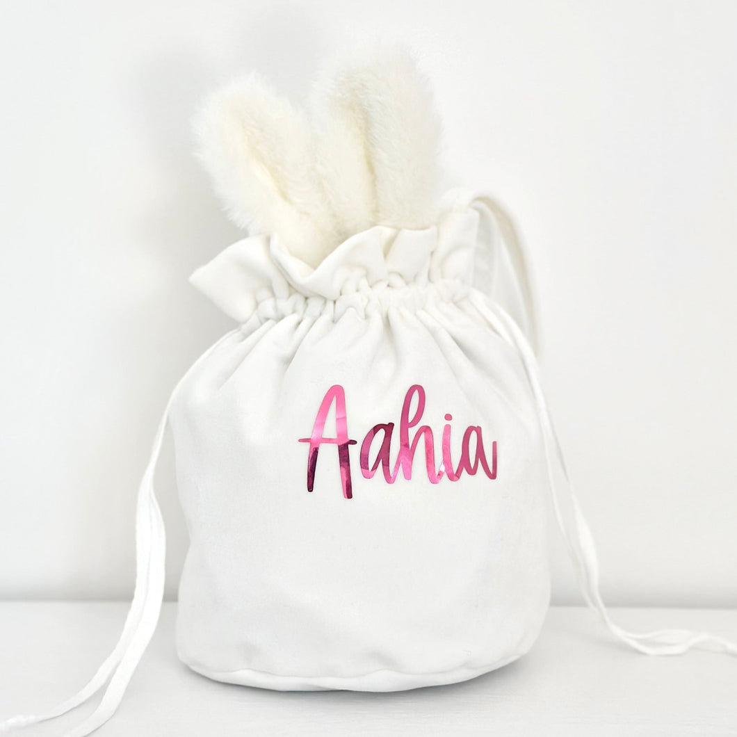 Velvet Easter Hunt Bag with Handle // WHITE Bunny Bag // Personalised