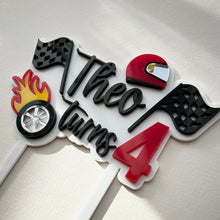 Load image into Gallery viewer, Car racing themed Cake Topper // Personalised birthday Topper
