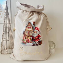 Load image into Gallery viewer, Personalised Santa Sack // Jolly Santa &amp; Gingerbread house // christmas Sack
