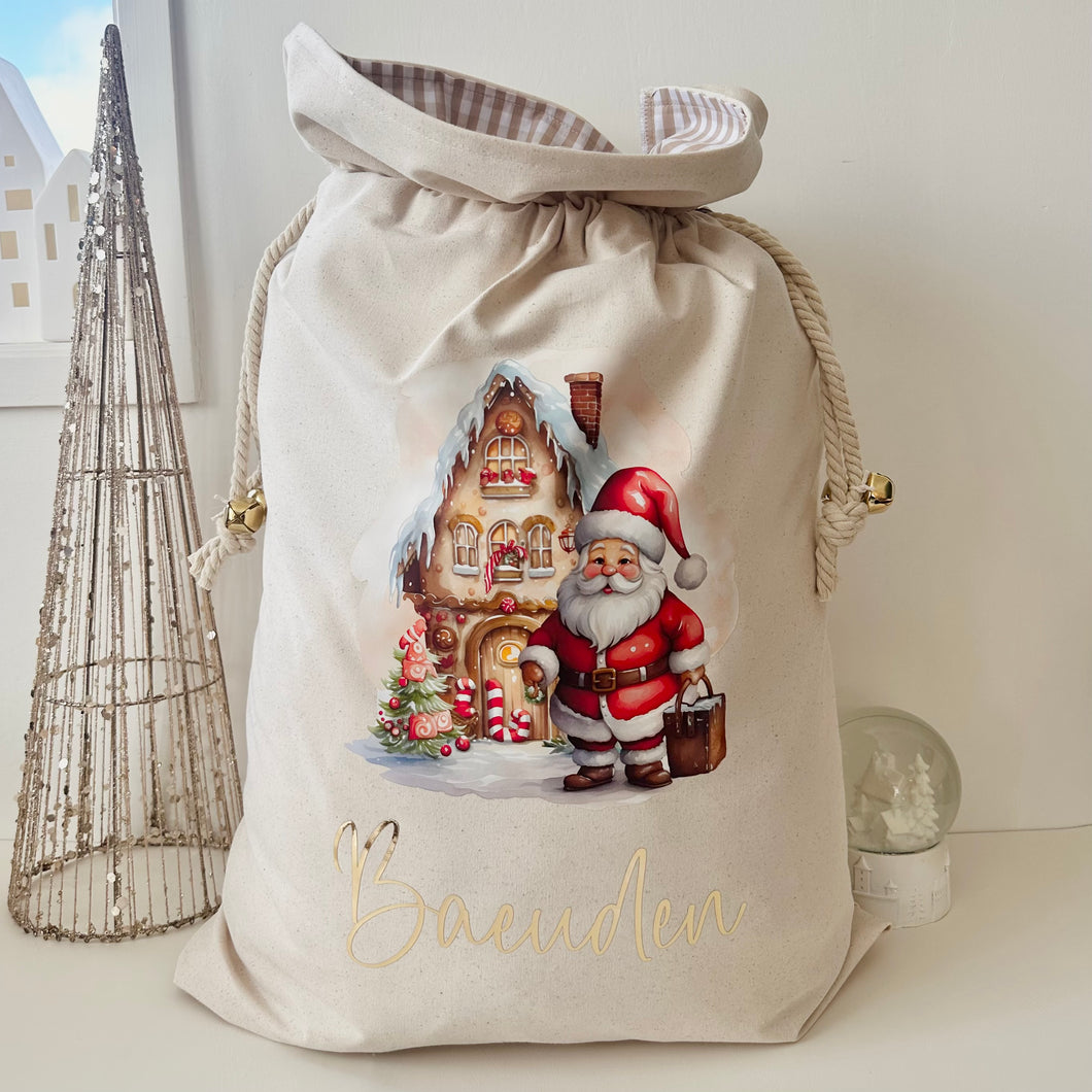 Personalised Santa Sack // Jolly Santa & Gingerbread house // christmas Sack