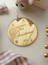 Load image into Gallery viewer, First Christmas engraved mirror Ornament // Personalised
