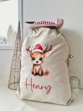 Load image into Gallery viewer, Personalised Santa Sack // Watercolour LITTLE reindeer &amp; Christmas hat
