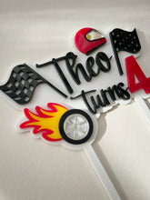 Load image into Gallery viewer, Car racing themed Cake Topper // Personalised birthday Topper
