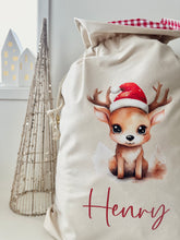 Load image into Gallery viewer, Personalised Santa Sack // Watercolour LITTLE reindeer &amp; Christmas hat
