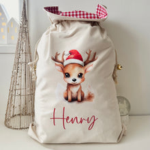 Load image into Gallery viewer, Personalised Santa Sack // Watercolour LITTLE reindeer &amp; Christmas hat
