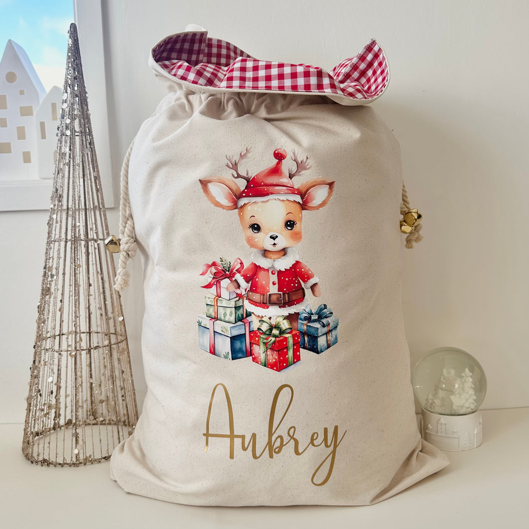 Personalised Santa Sack // Watercolour Standing Reindeer and presents