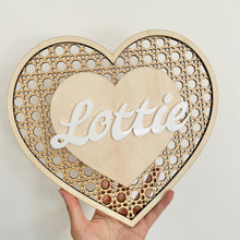 Load image into Gallery viewer, Rattan Heart Name PLAQUE // Wooden + Acrylic // Kids Decor
