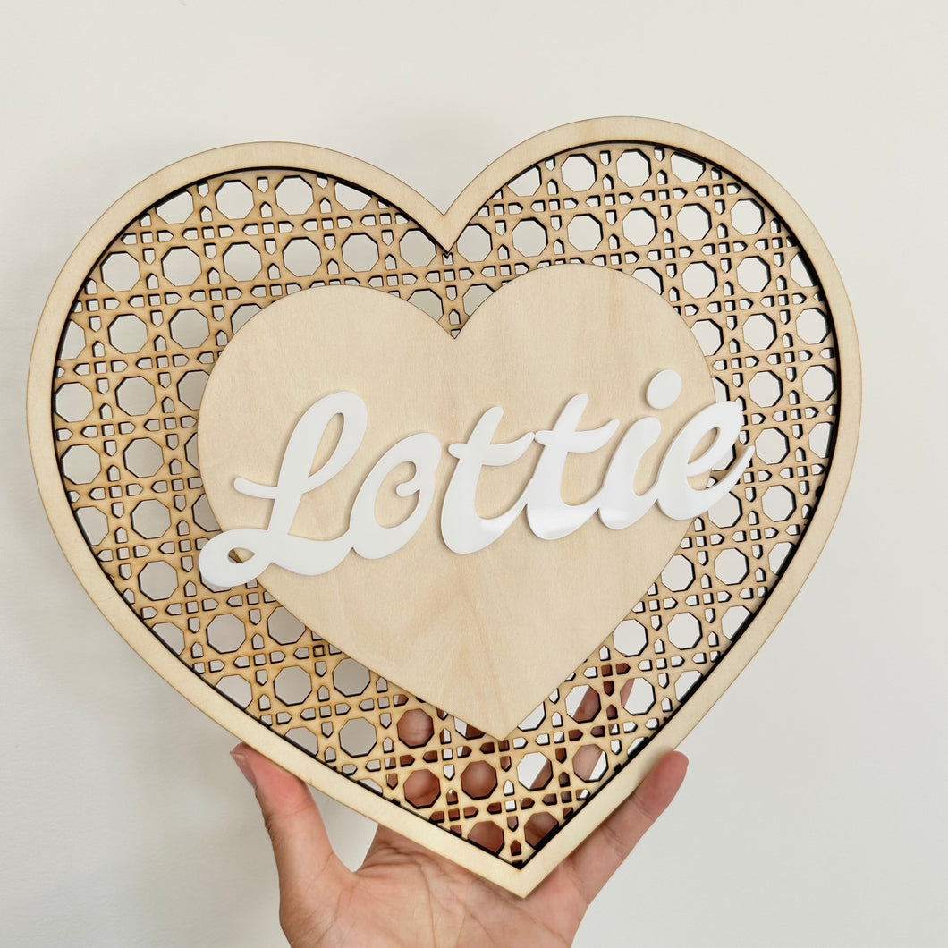 Rattan Heart Name PLAQUE // Wooden + Acrylic // Kids Decor