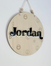 Load image into Gallery viewer, Smiles Retro themed wall hanger // Personalised // Wooden &amp; Acrylic decor
