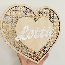 Load image into Gallery viewer, Rattan Heart Name PLAQUE // Wooden + Acrylic // Kids Decor
