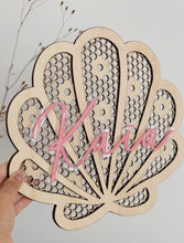 Load image into Gallery viewer, Rattan Seashell Name PLAQUE // Wooden + Acrylic // Kids Decor
