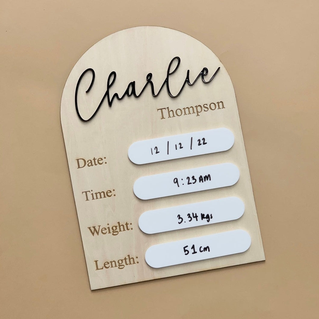 Birth Announcement Board // Personalised // ARCH // Wooden & Acrylic