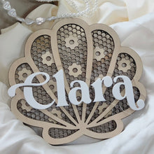 Load image into Gallery viewer, Rattan Seashell Name PLAQUE // Wooden + Acrylic // Kids Decor
